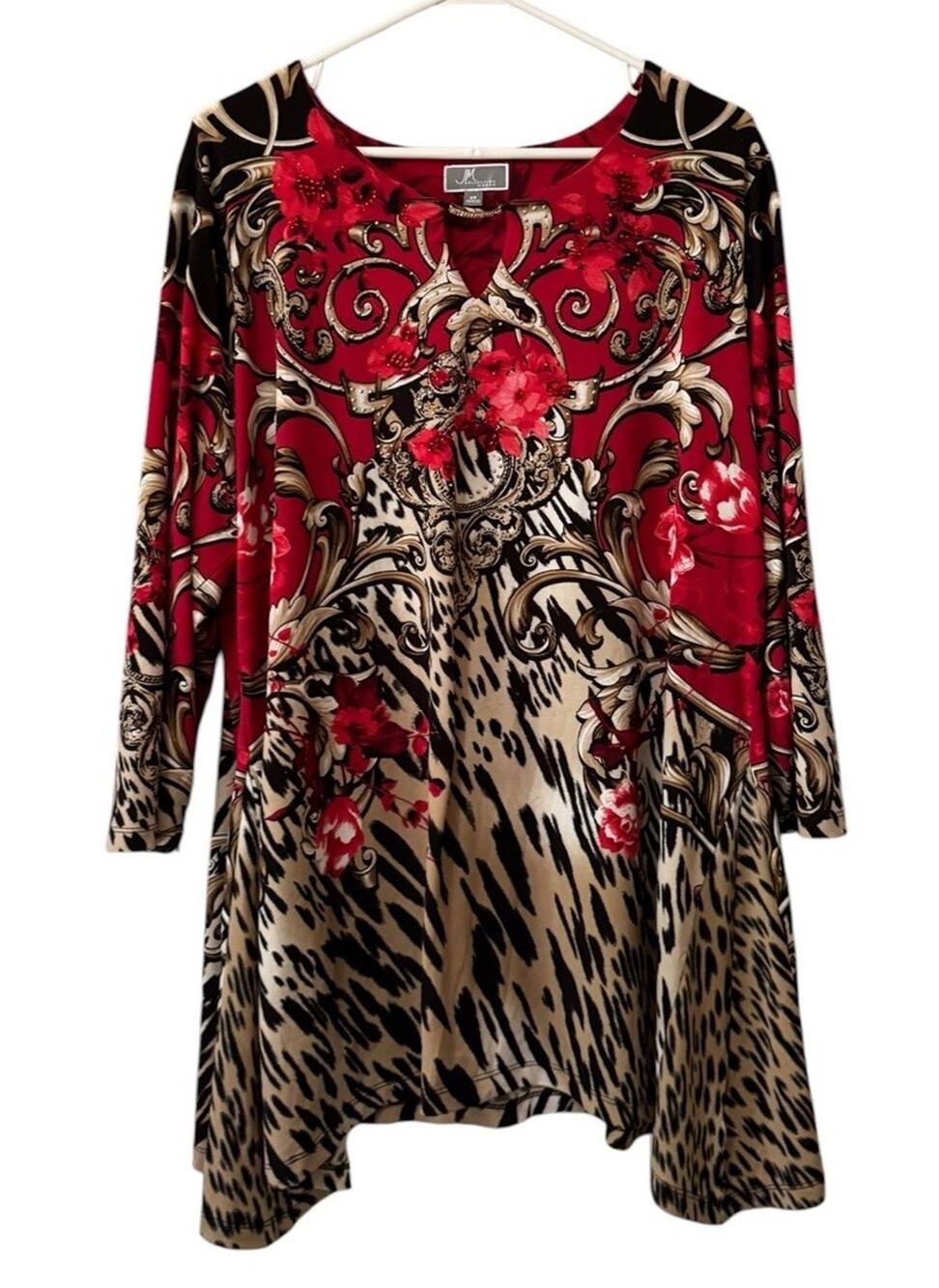 JM Collection Women Plus Size 2X Stretch Knit‎ Tunic Blouse Mixed Print Animal